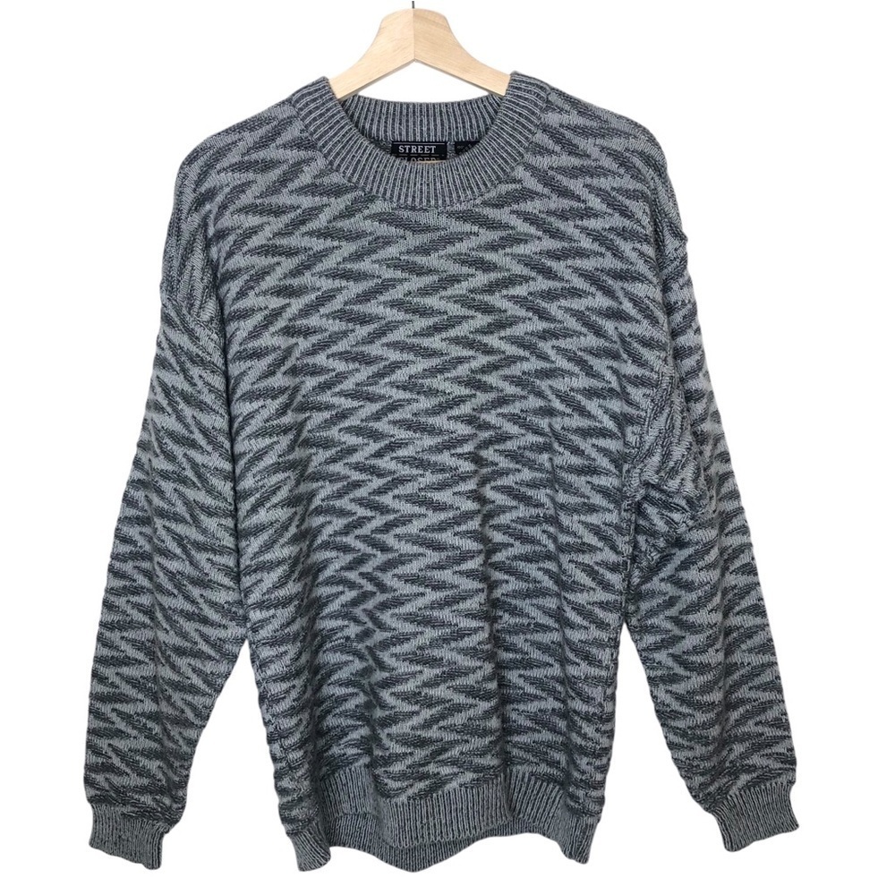 VINTAGE 80s Street Closed Mens Grey Zig Zag Textured Crewneck Grandpa Sweater S